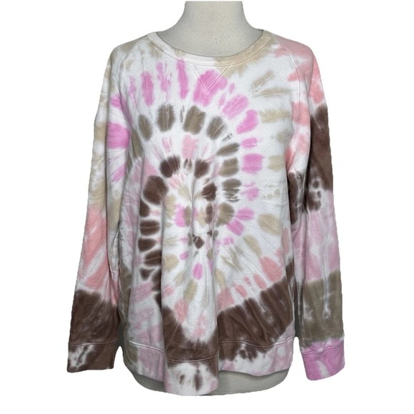Lands End Sweatshirt Women M 10-12 Serious Sweats Multi Swirl Tie Dye Brown Pink - Picture 1 of 6